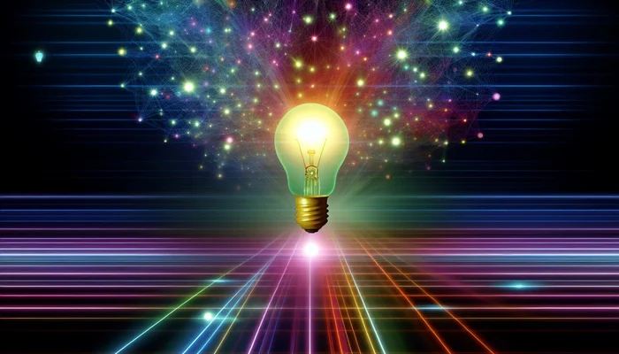A light bulb on surrounded by a web of other options using lots of color with a high tech feel