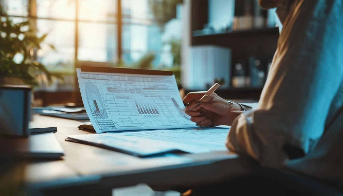 A person at a desk reviewing a business plan for tech upgrades