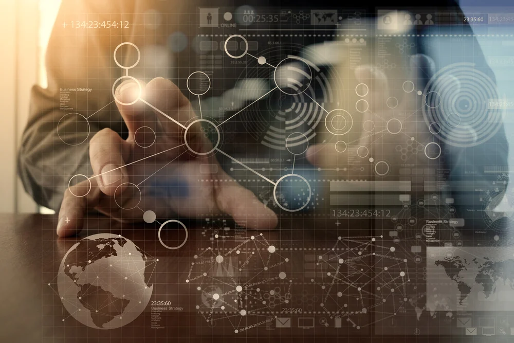 Businessman hand working with modern technology and digital layer effect as business strategy concept 1