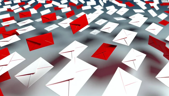 White envelopes getting sent through the air and some are red